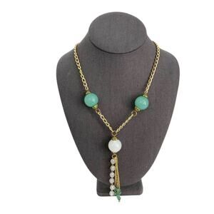 Vintage Y2K Teal White Bead Gold Tone Lariat Style Necklace